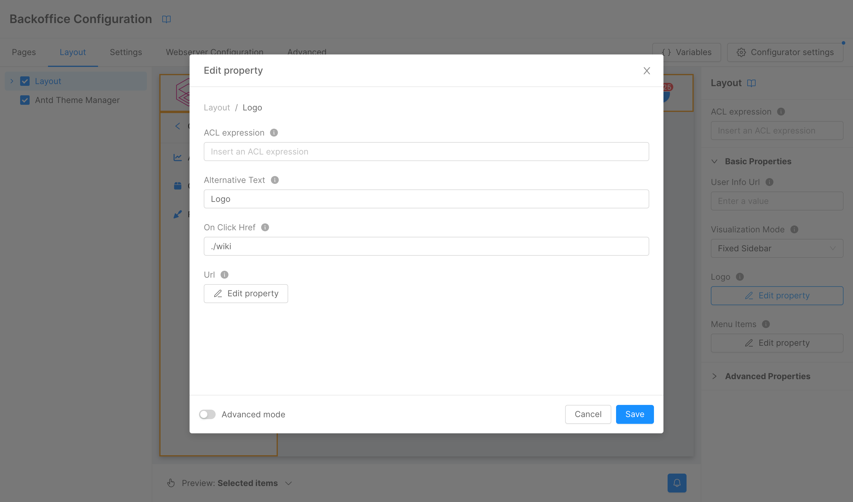 Right menu modal